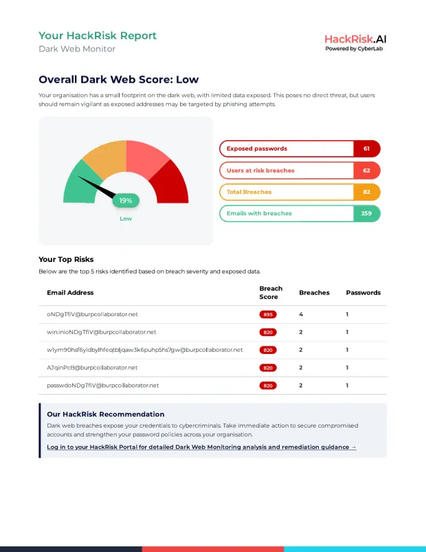Dark web monitoring detail in a HackRisk Report, breaking down exposed passwords and affected addresses