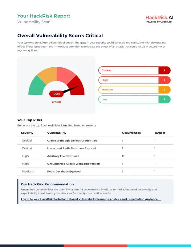 Vulnerability scan section of a HackRisk Report, scoring the flaws found across the estate