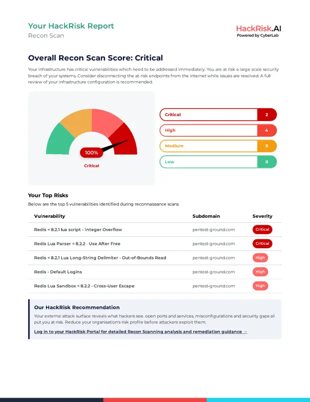 Recon scan section of a HackRisk Report, covering the internet-facing assets discovered and their configuration