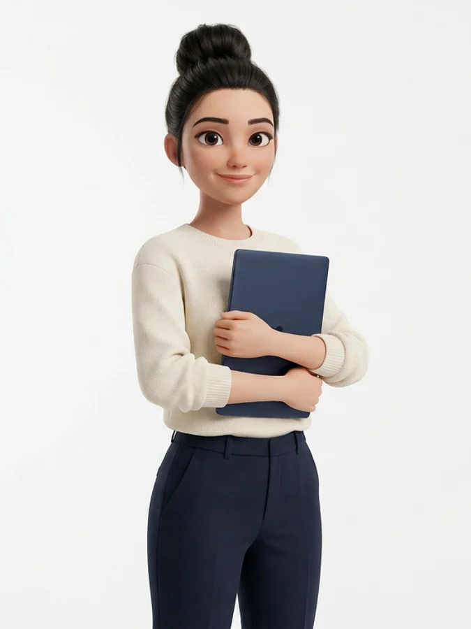 Sophia, the HackRisk guide, holding a laptop